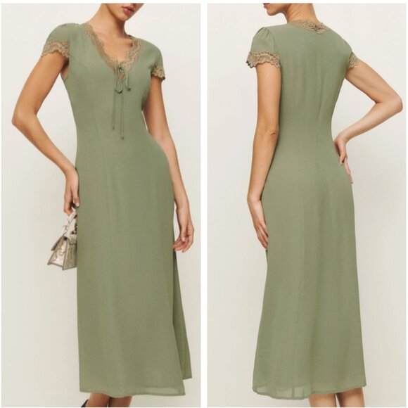 Reformation Green Midi Dress with Lace Trim - Picture 3 of 12